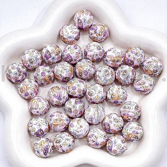 Labub Silicone Beads with Cute Flower Print Design Size 15MM Item Number Z 00251