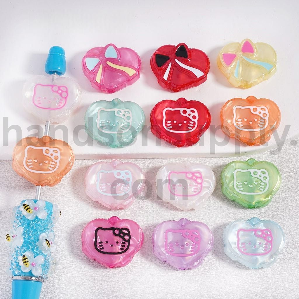 Candy Color Heart Beads with Cute Cat Character Bowknot Accents Acrylic Beads 14*23MM, Random Mix