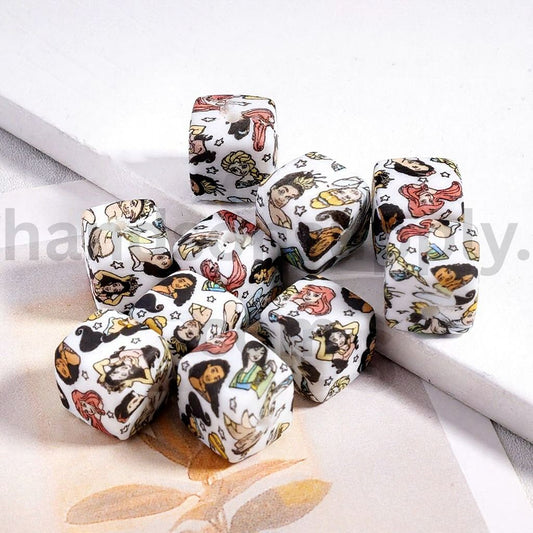 Cute Disney Princess Printed Series Cube Square Silicone Beads 14MM