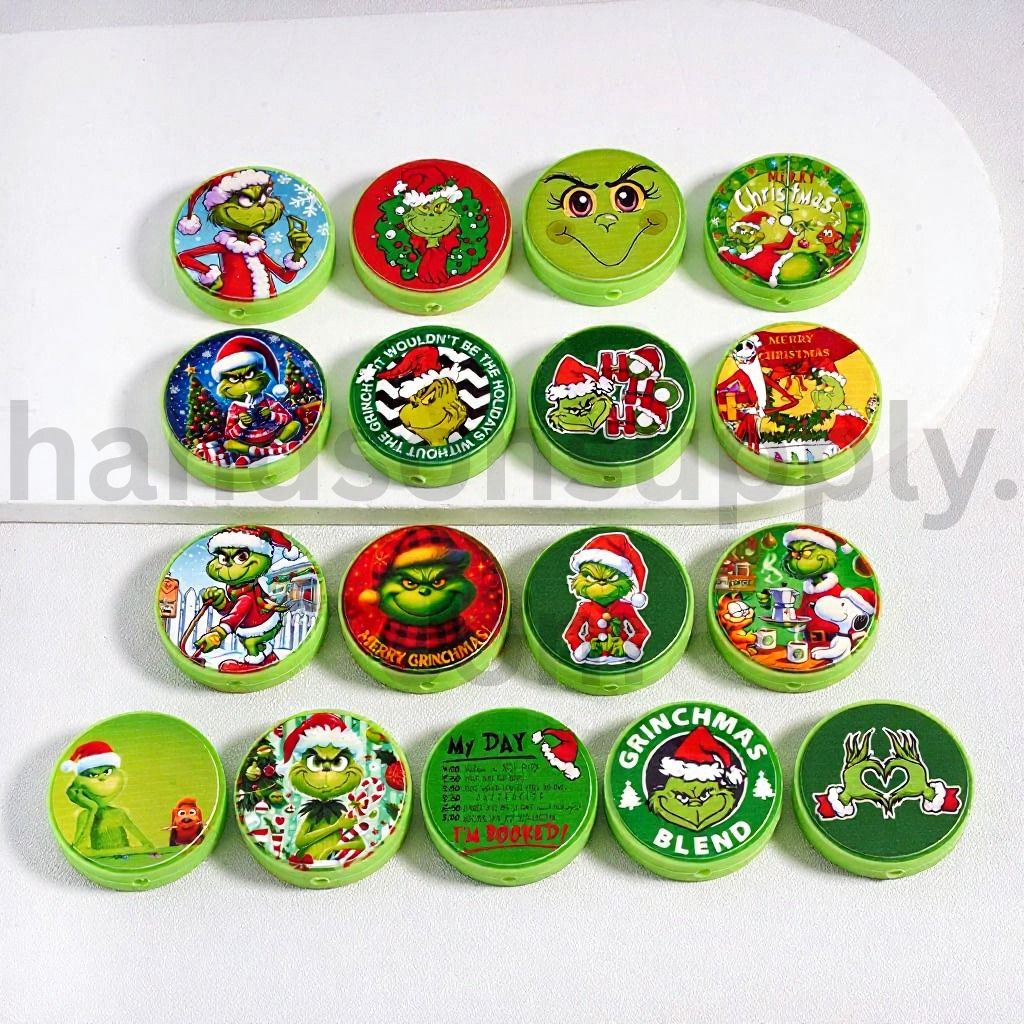 Green Monster Grinch Christmas Flat Round Charm Flat Round Silicone Focal Beads