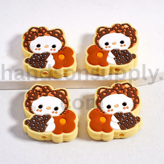 3D Hello Kitt Holding Big Flower Cute Character Design Silicone Focal Bead