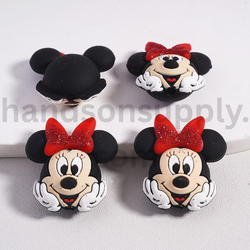 3D Minni Head Character Glitter Red Bow Charm Silicone Focal Bead