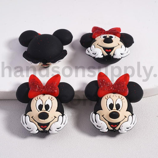 3D Minni Head Character Glitter Red Bow Charm Silicone Focal Bead