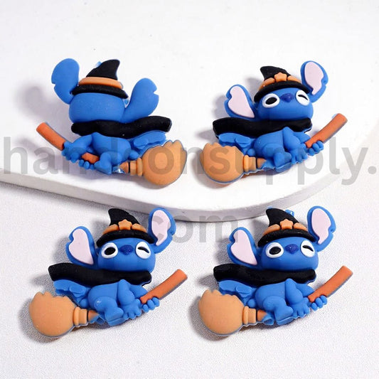 3D Halloween Stitch Character with Wizard Hat Flying on Broom Silicone Focal Bead