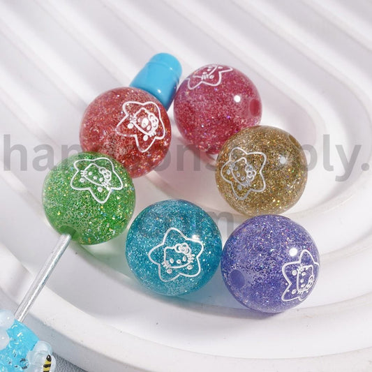 UV Coated Hello Kitt Cute Cat with Glitter Star Print Round Acrylic Beads 16mm Random Mix