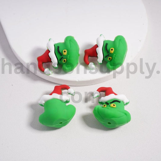 3D Green Monster Grinch with Red Christmas Hat Silicone Focal Bead
