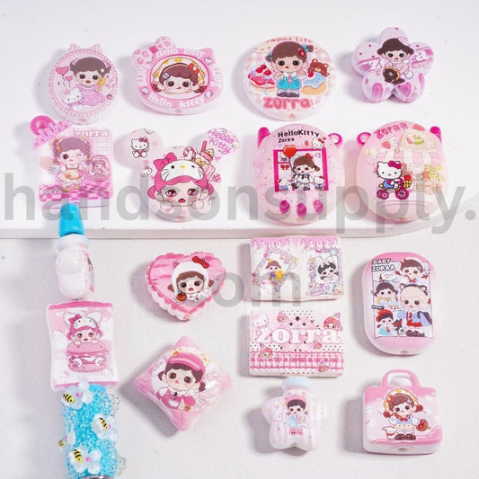 Hello Kitty & Baby Zora Series Different Shape Acrylic Beads Pendant Pink Color Mix