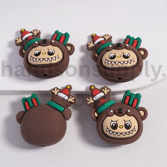 3D Cute L-B-B Little Bear with Christmas Deer & Gift Box Silicone Focal Beads