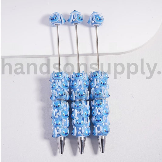 Cute Blue Stitch Design with White Pearls Beadable Clay Pen
