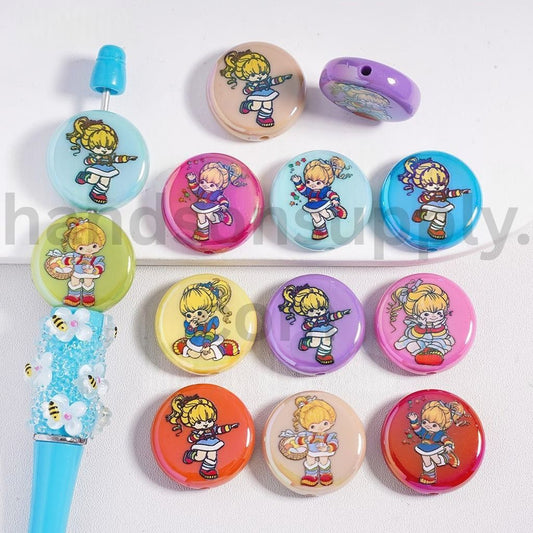 UV Coated Rainbow Brit Girl Series Multi Color Print Flat Round Acrylic Beads 23MM Random Mix