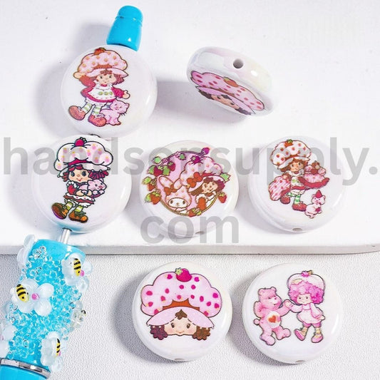 UV Coated Strawberry Shortcake Girl Print Flat Round White Acrylic Beads 23mm Random Mix