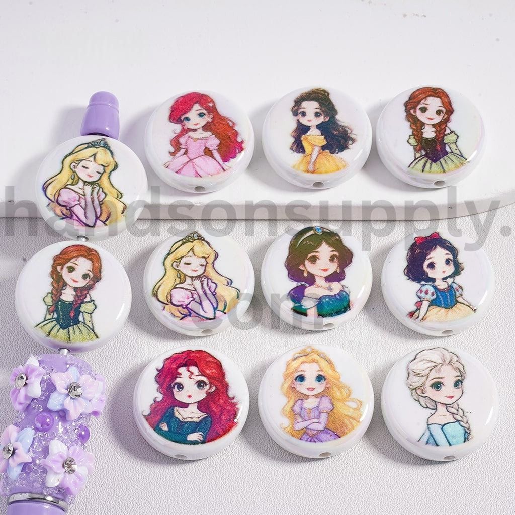Acrylic Beads Round Flat UV Coating Cute Classic Animation Royal Girl Snow Whit Ann Auror Arie Bell Sofi Merid Rapunze Els, 23MM, Random Mix