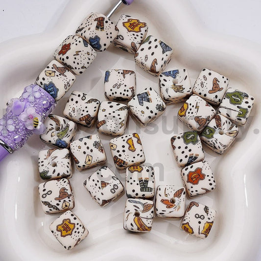 Printed Cube Square Hogwar Shield Silicone Beads 14MM, Random Mix