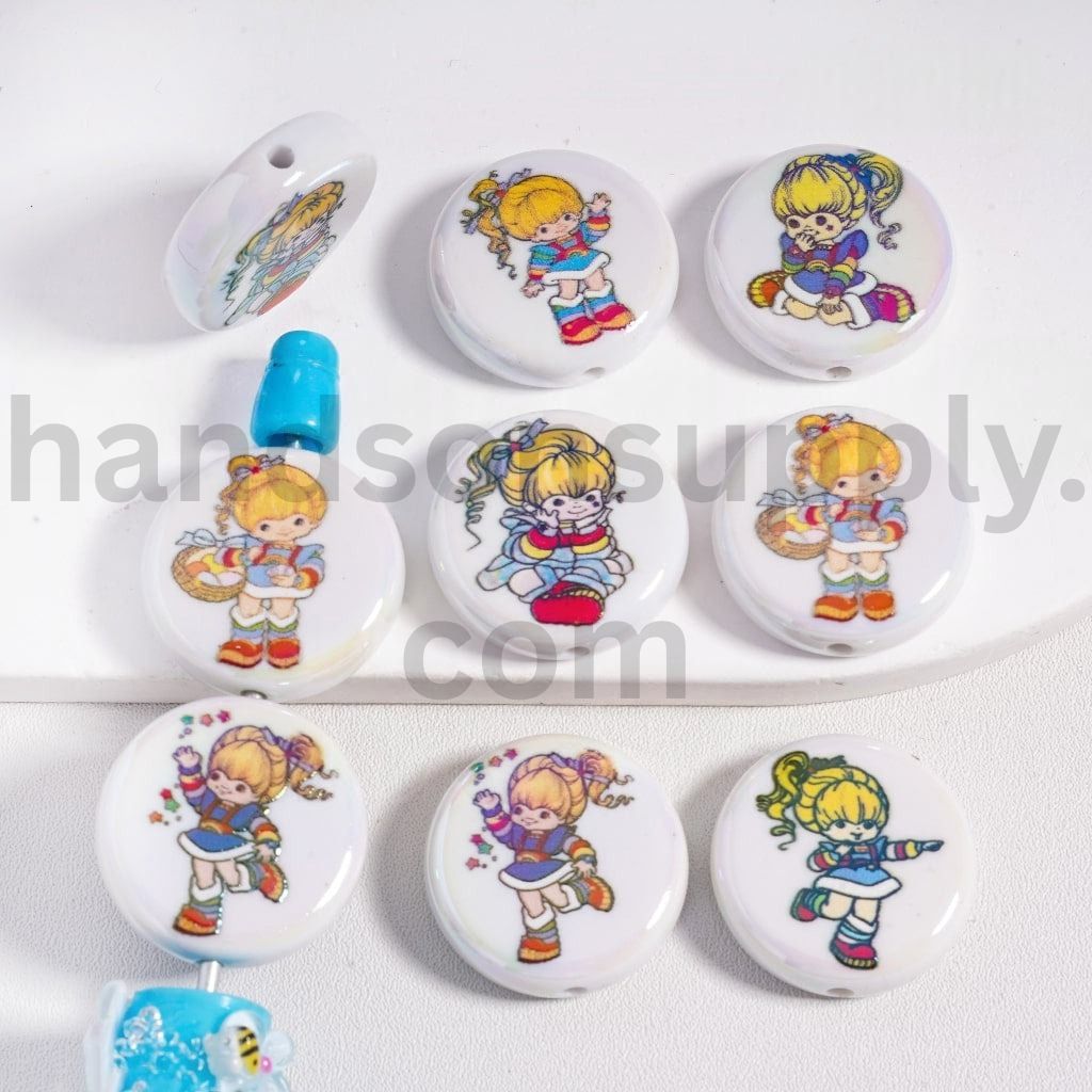 UV Coated Rainbow Brit Girl Print White Flat Round Acrylic Beads 23MM, Random Mix