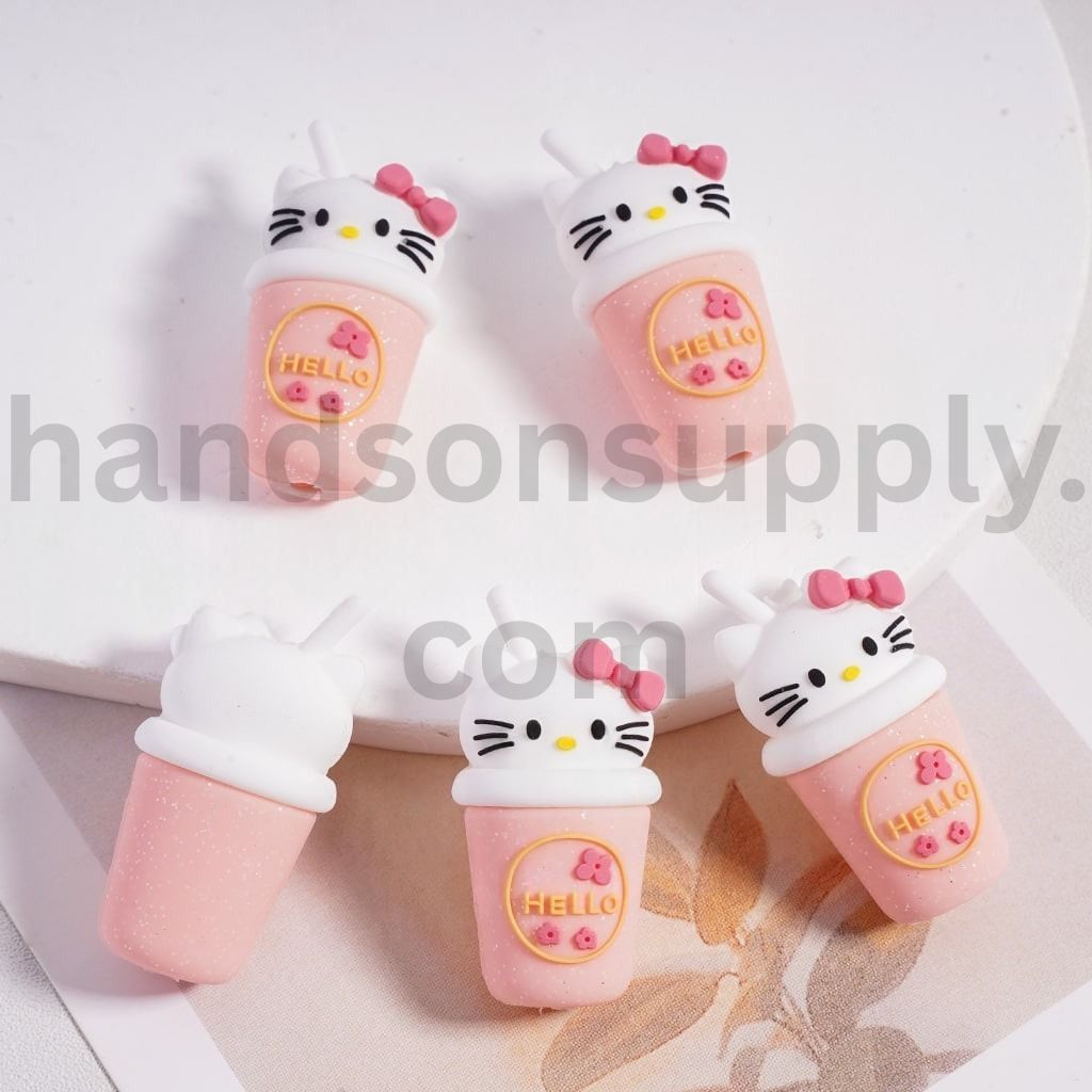 3D Cat Holding Tea Bead with Pink Bowtie Silicone Focal Beads