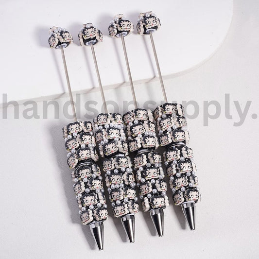 Cute Betty Girl Head with White Pearls on Black Background Beadable Clay Pens