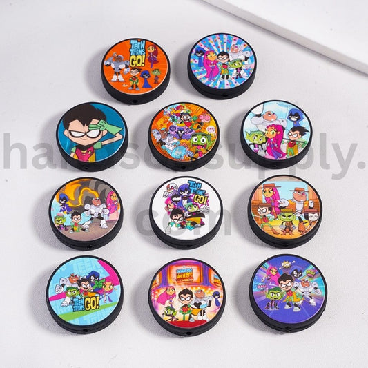 Character Series Different Design Print Black Background Flat Round Shape Silicone Focal Beads, Random Mix
