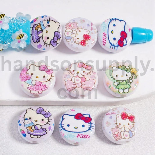 Cute Cat Double Side Prints Animal Various Styles Flat Round Shape Acrylic Beads 17MM