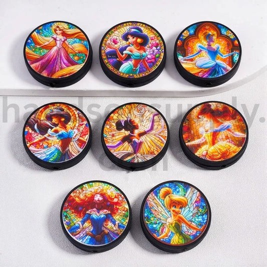 Tiffany Glass Style Princess Chracters Print Flat Round Silicone Focal Beads Random Mix