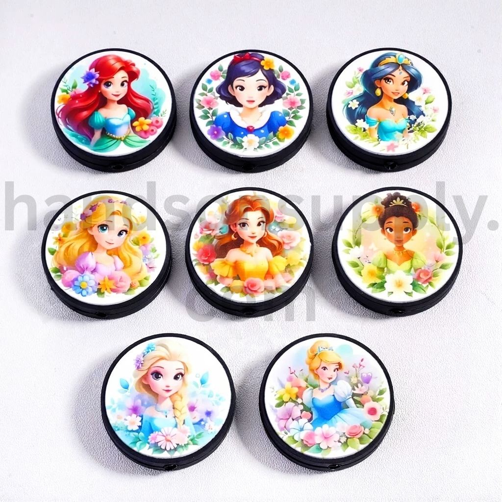 Beautiful Princess in Various Different Designs Print Flat Round Shape Silicone Focal Beads Random Mix