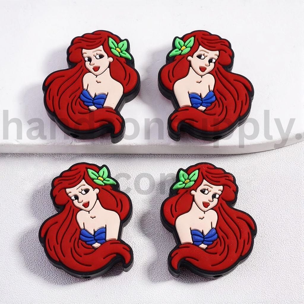 3D Red‑Haired Mermaid Girl with Green Flower in Hair Silicone Focal Beads