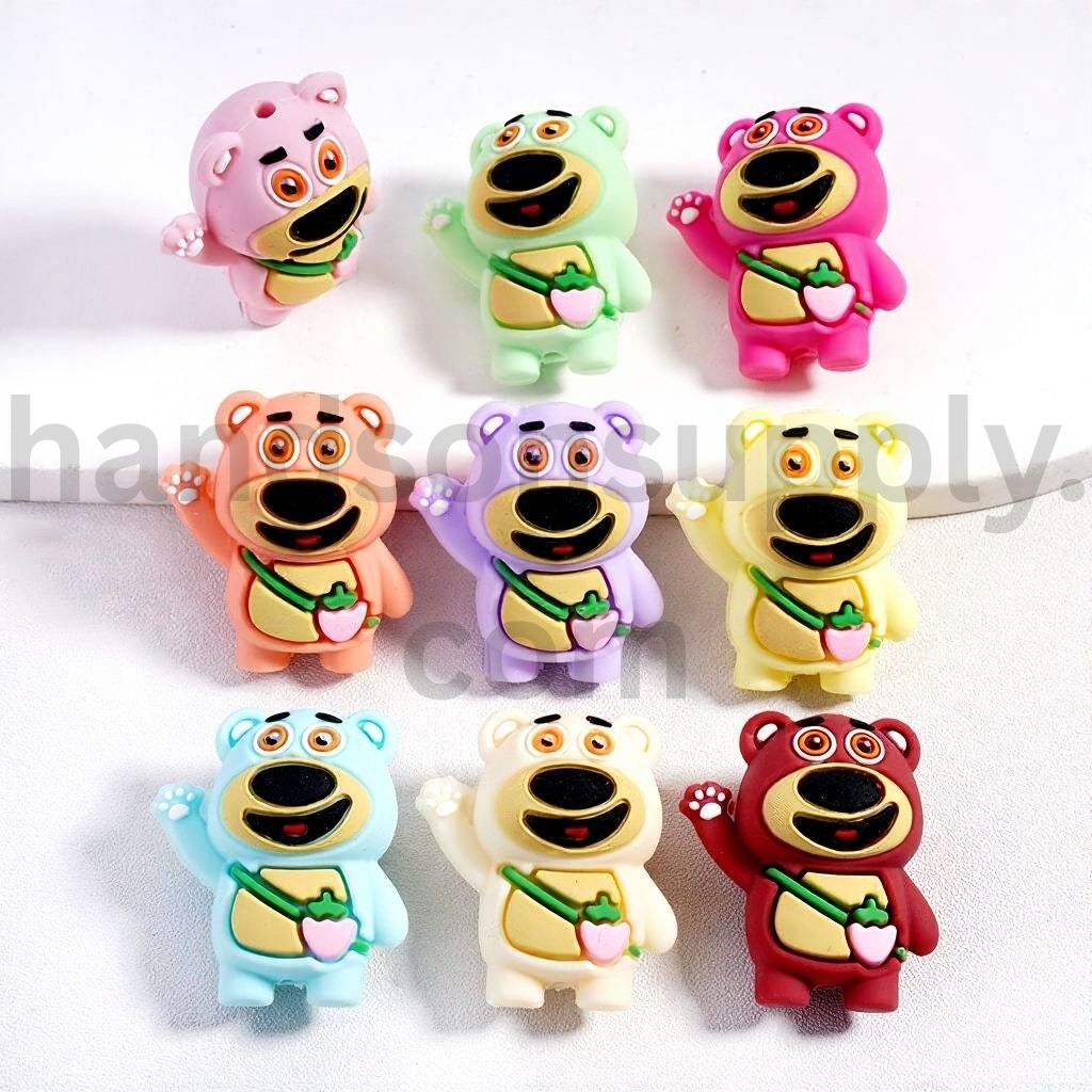 3D Mini Cute Bears Wave & Greet with Strawberry Bag Multi‑Colors Silicone Focal Beads Random Mix