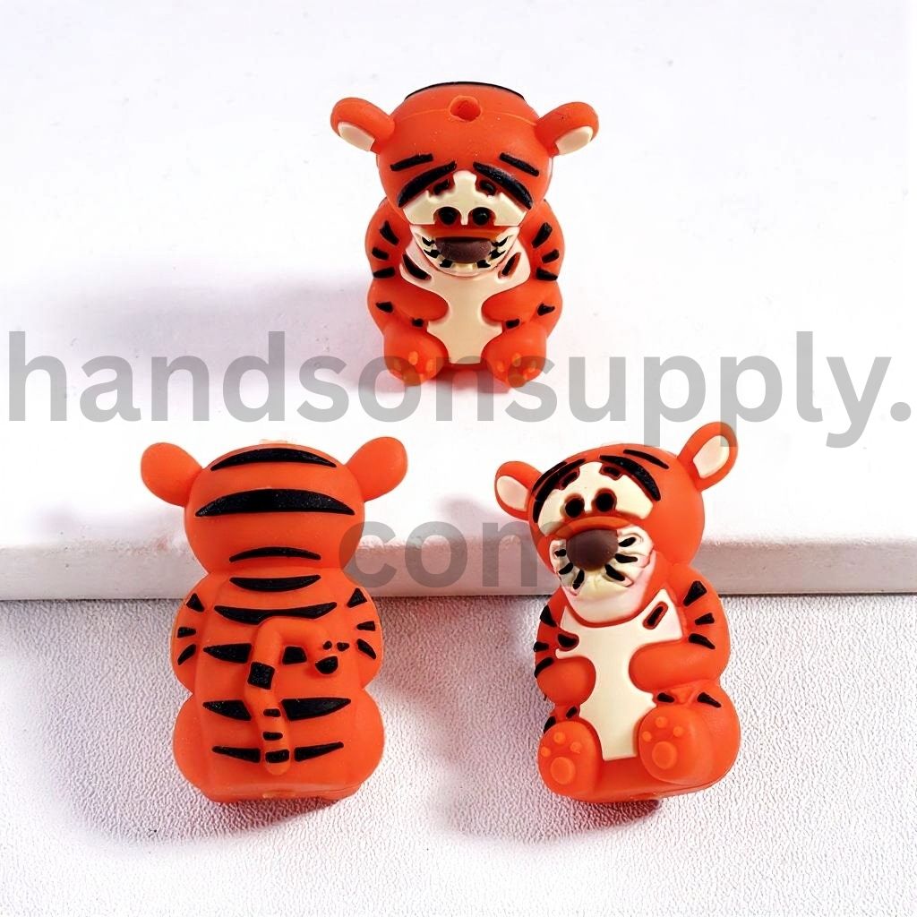 3D Cute Baby Tiger Character with Black Stripes Animal Silicone Focal Beads