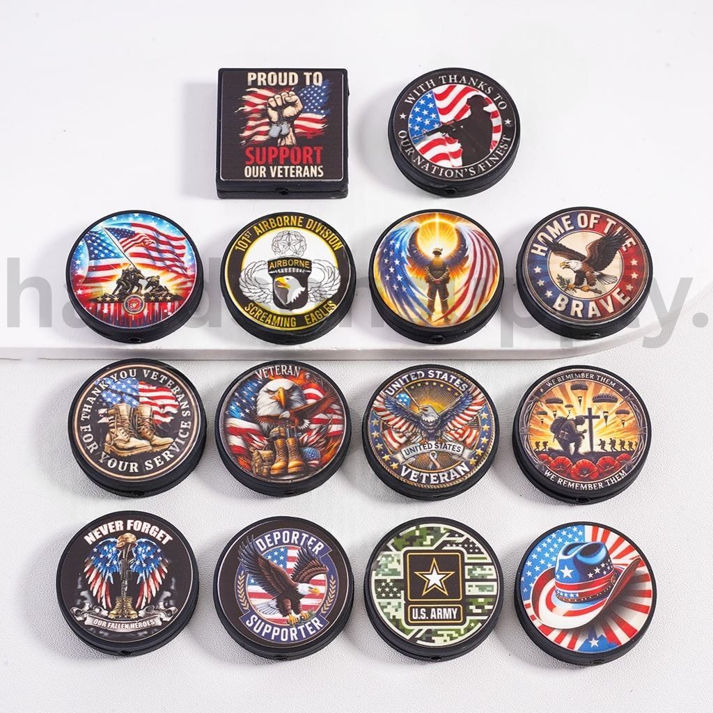 U.S. Veteran Series Print Round Square,Shapes Designs ilicone Focal Beads Random Mix