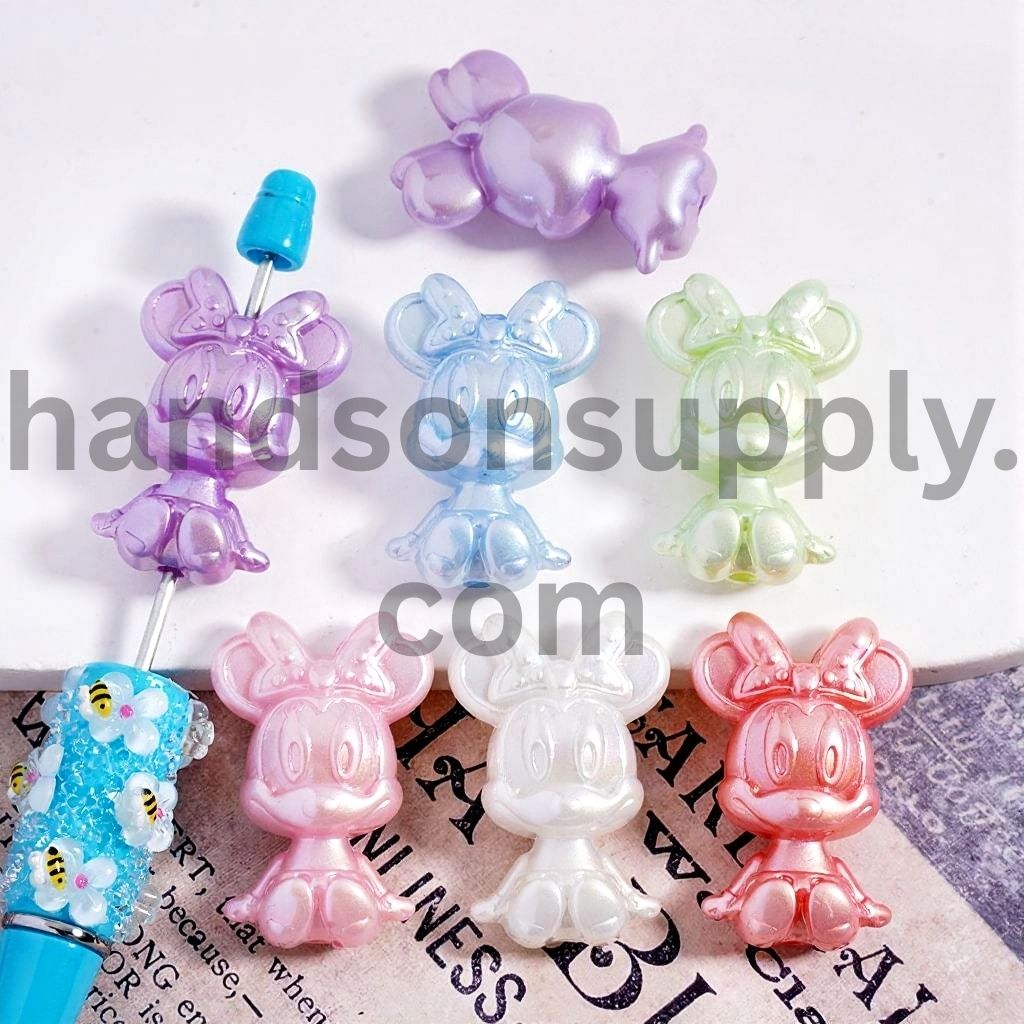 UV Coating Multi Color Girl Character Mouse in Macaron Colors with Bow Acrylic Beads Random Mix, 36 MM