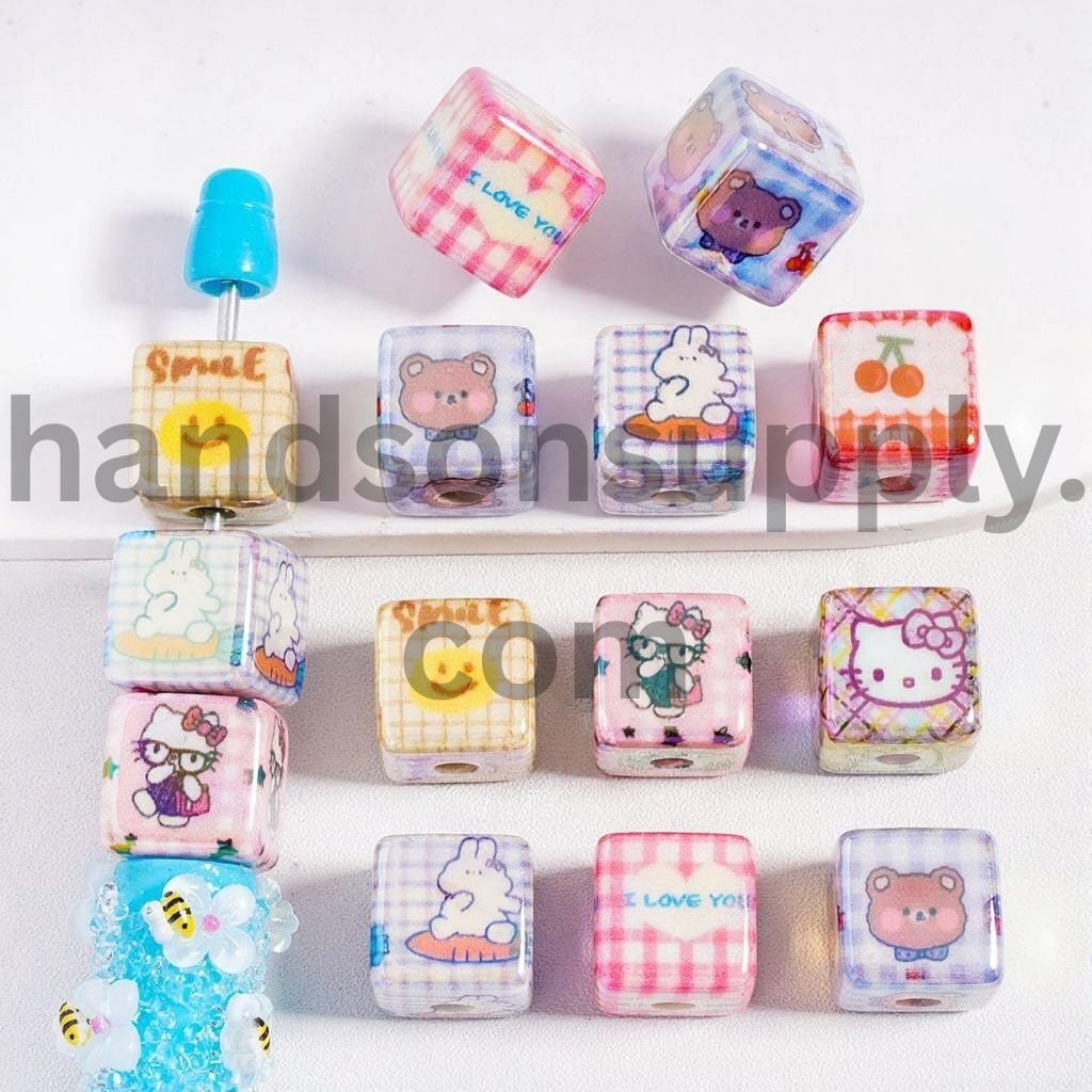 Rabbit Cute Cat Bear Character Series Print Cube Square Shape, Acrylic Beads Random Mix”