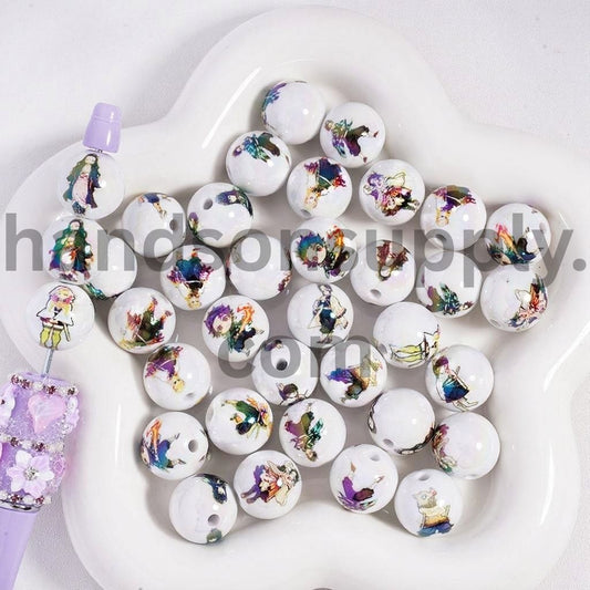 UV Coated Japanese Cosplay Style Different design print Round Acrylic Beads Random Mix 16 mm