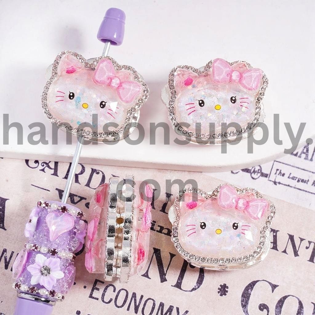 Glittery Cat Head Character Charm Silver Tone with Pink Bowtie & Rhinestones Metal Beads 25*30mm