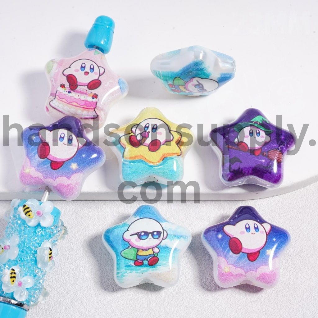 Cute Character Double Sided Print Star Shape Acrylic Beads Random Mix, 23MM