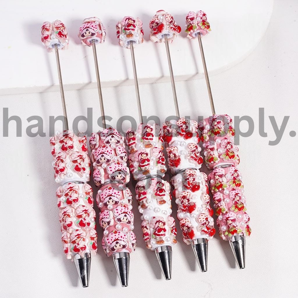 Kawaii Sweet Red Strawberry Girl Series with White Pearls, Beadable Clay Pen Random Mix