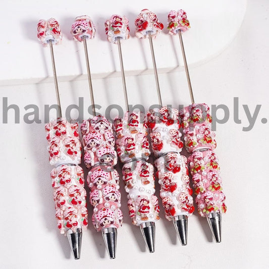 Kawaii Sweet Red Strawberry Girl Series with White Pearls, Beadable Clay Pen Random Mix