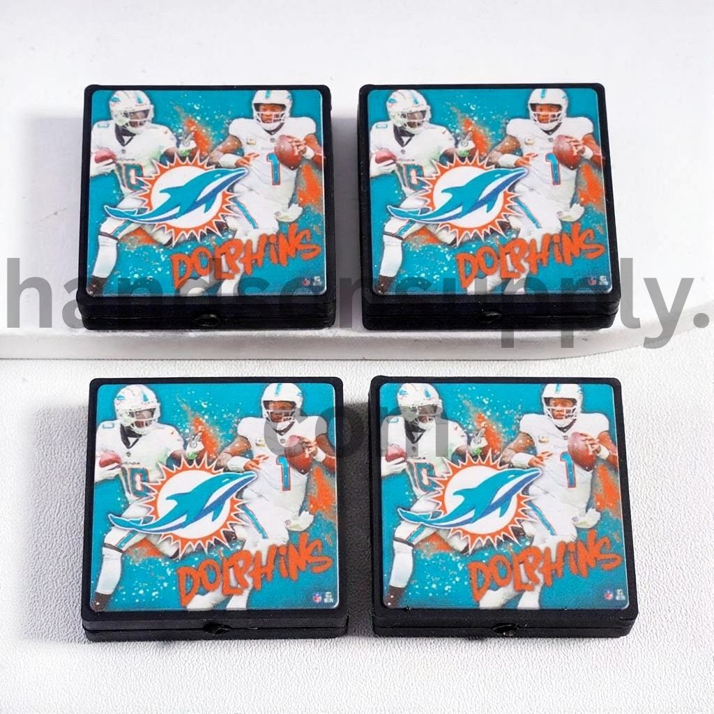 Teal Miami Dolphins Football Sports Charm Flat Square Shape Silicone Focal Bead