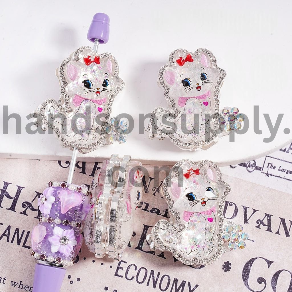 Silver Glitter Cat Metal Bead Cute Cat Character with Red Bow & AB Rhinestones 34*38MM