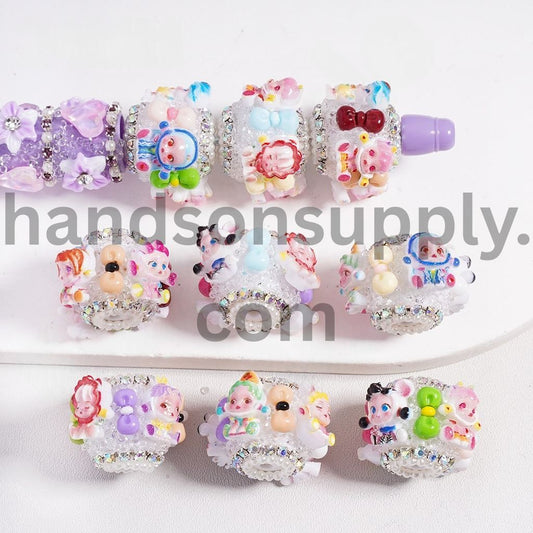 Cute Baby Characters with Bow Tie, White Pearls & AB Rhinestone Chain, Round Sugar Acrylic Bead 24mm