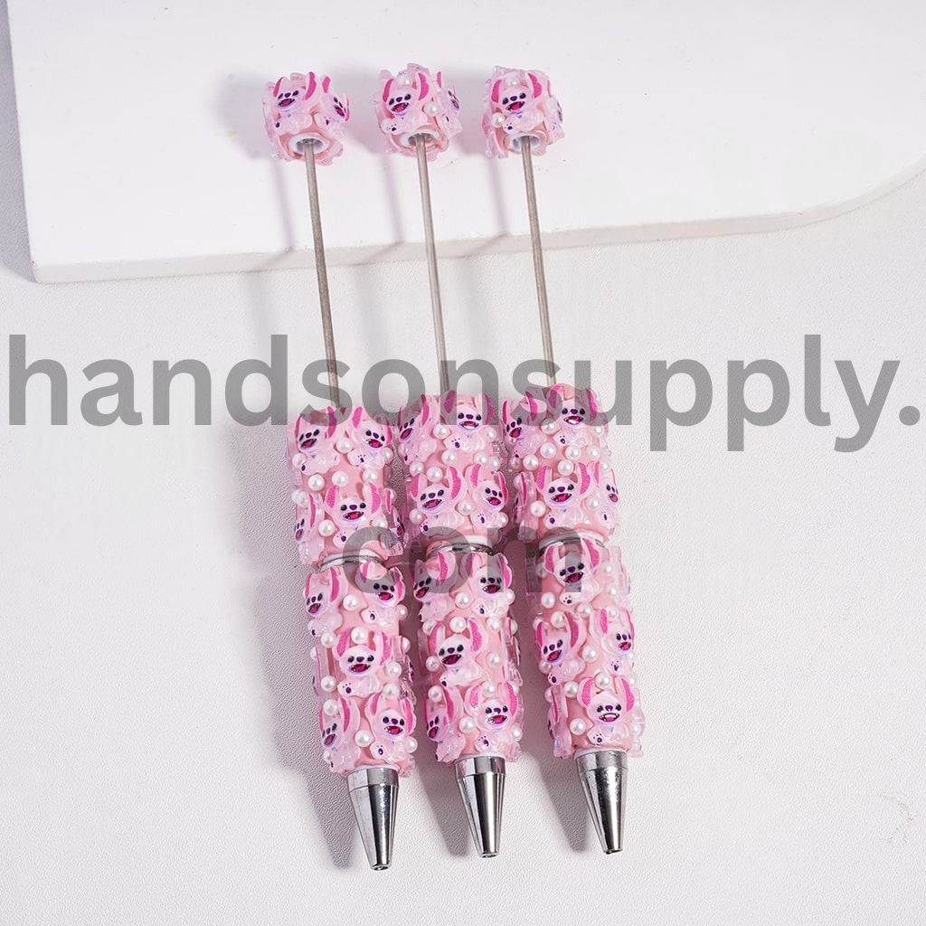 Cute Pink Monster Character Beadable Clay Pen with White Pearls