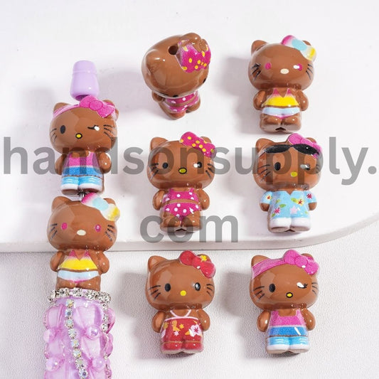 Brown Cute Cat Character with Pink Bow Various Clothing Styles Acrylic Bead Height 27MM, Random Mix