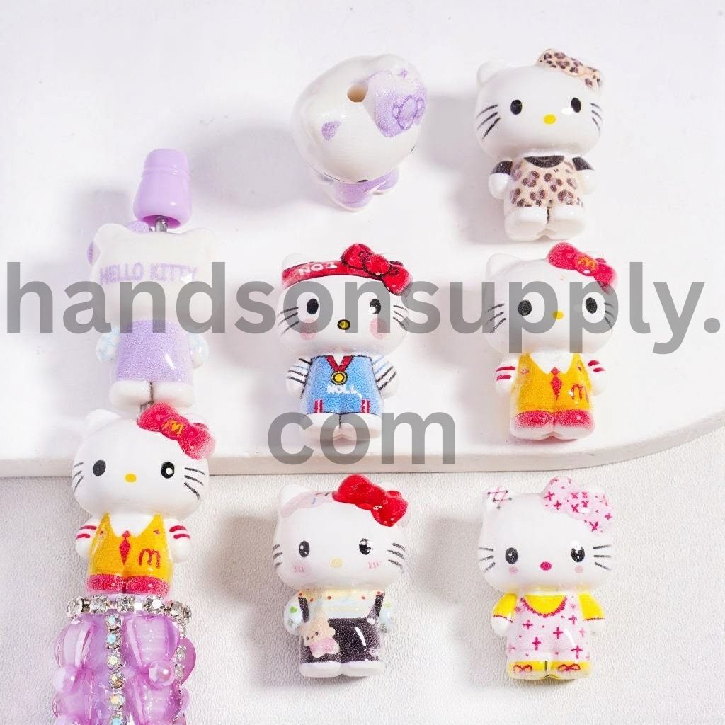 White Cat Character Dressed in Various Outfits Acrylic Bead Height 27MM, Random Mix