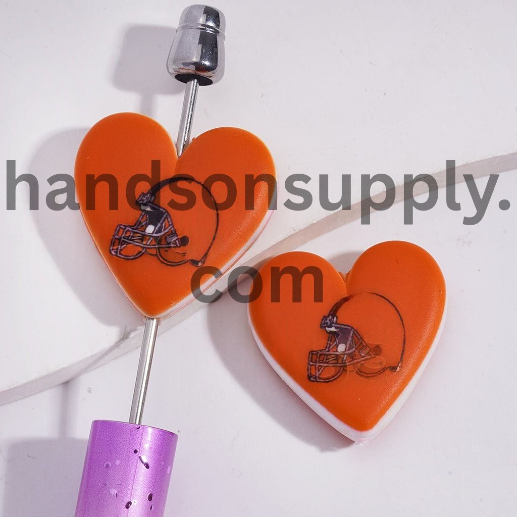 American Football Cleveland Pattern Sport Theme Flat Heart Shape Silicone Focal Bead