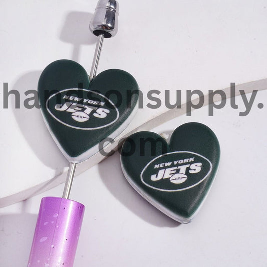 American Football NY Jets Pattern Sport Theme Flat Heart Shape Silicone Focal Bead