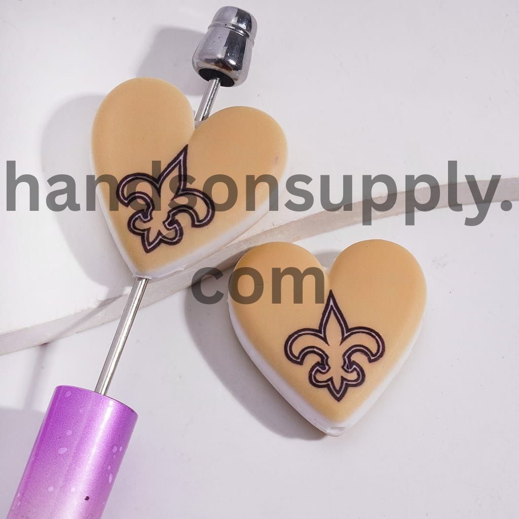 American Football NOLA Pattern Sport Theme Flat Heart Shape Silicone Focal Bead