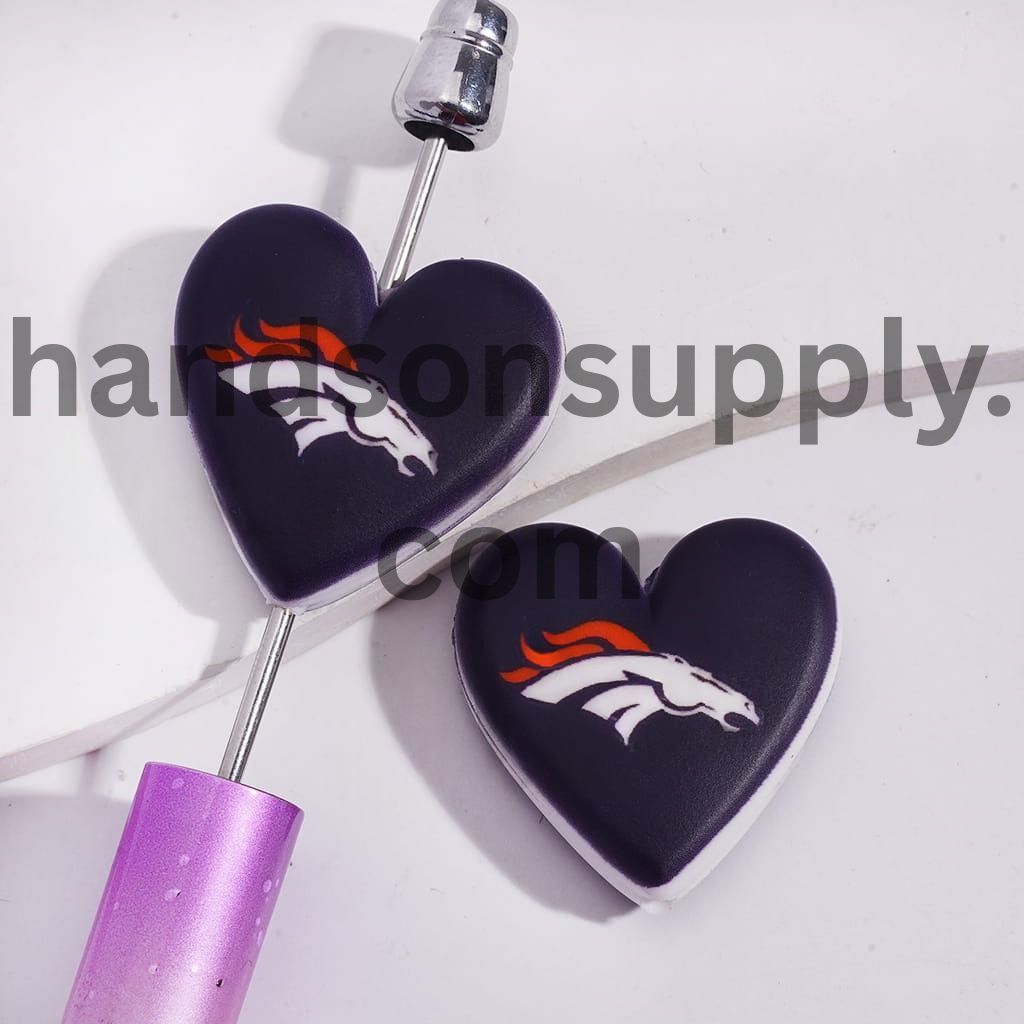 American Football Denver Pattern Sport Theme Flat Heart Shape Silicone Focal Bead
