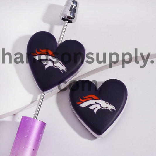 American Football Denver Pattern Sport Theme Flat Heart Shape Silicone Focal Bead