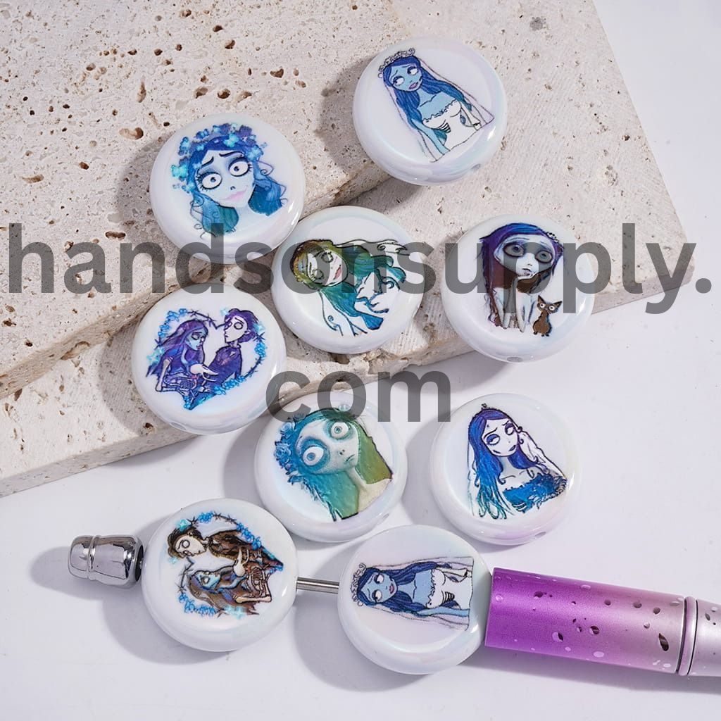 UV Coating Halloween Skeleton Couple Character Prints Flat Round Acrylic Beads 23MM White Background Random Mix