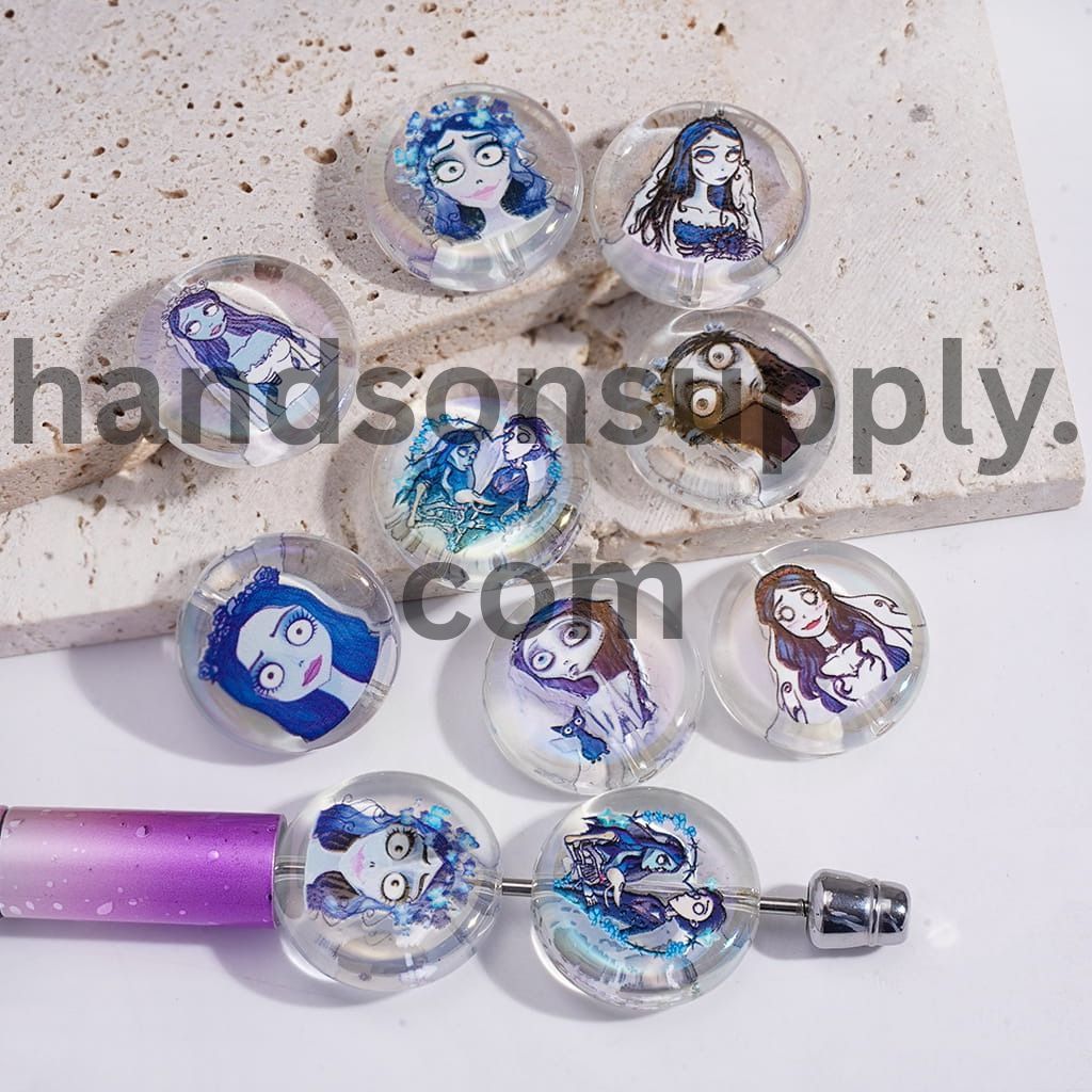 UV Coating Halloween Skeleton Couple Character Prints Flat Round Acrylic Beads 23MM Random Mix
