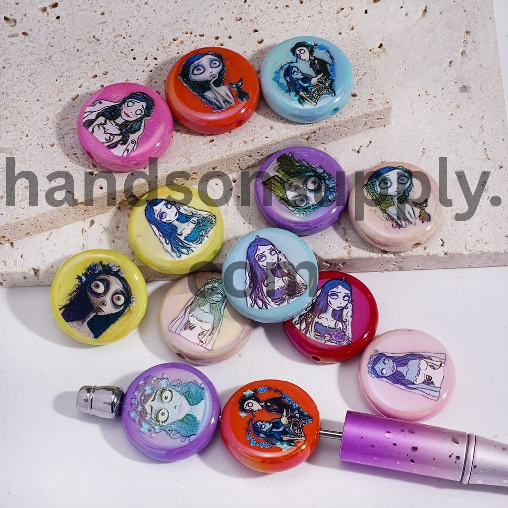 UV Coating Halloween Skeleton Couple Character Prints Flat Round 23MM Multi-Color Acrylic Beads Random Mix