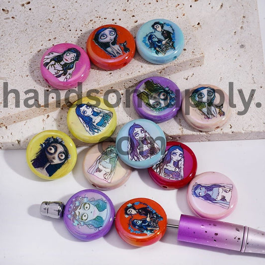 UV Coating Halloween Skeleton Couple Character Prints Flat Round 23MM Multi-Color Acrylic Beads Random Mix